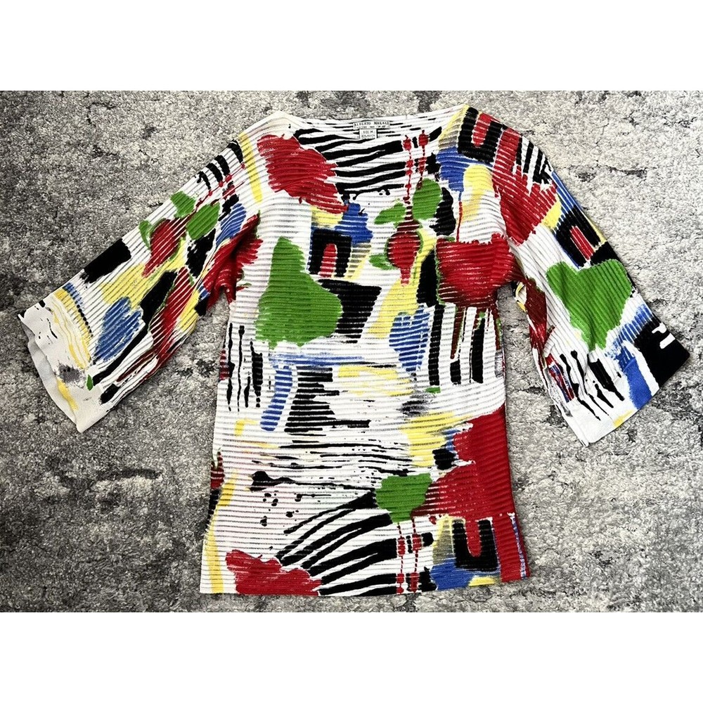 Alberto Makali Multicolor Abstract Ribbed Paint Brush Boatneck Top Shirt Size M